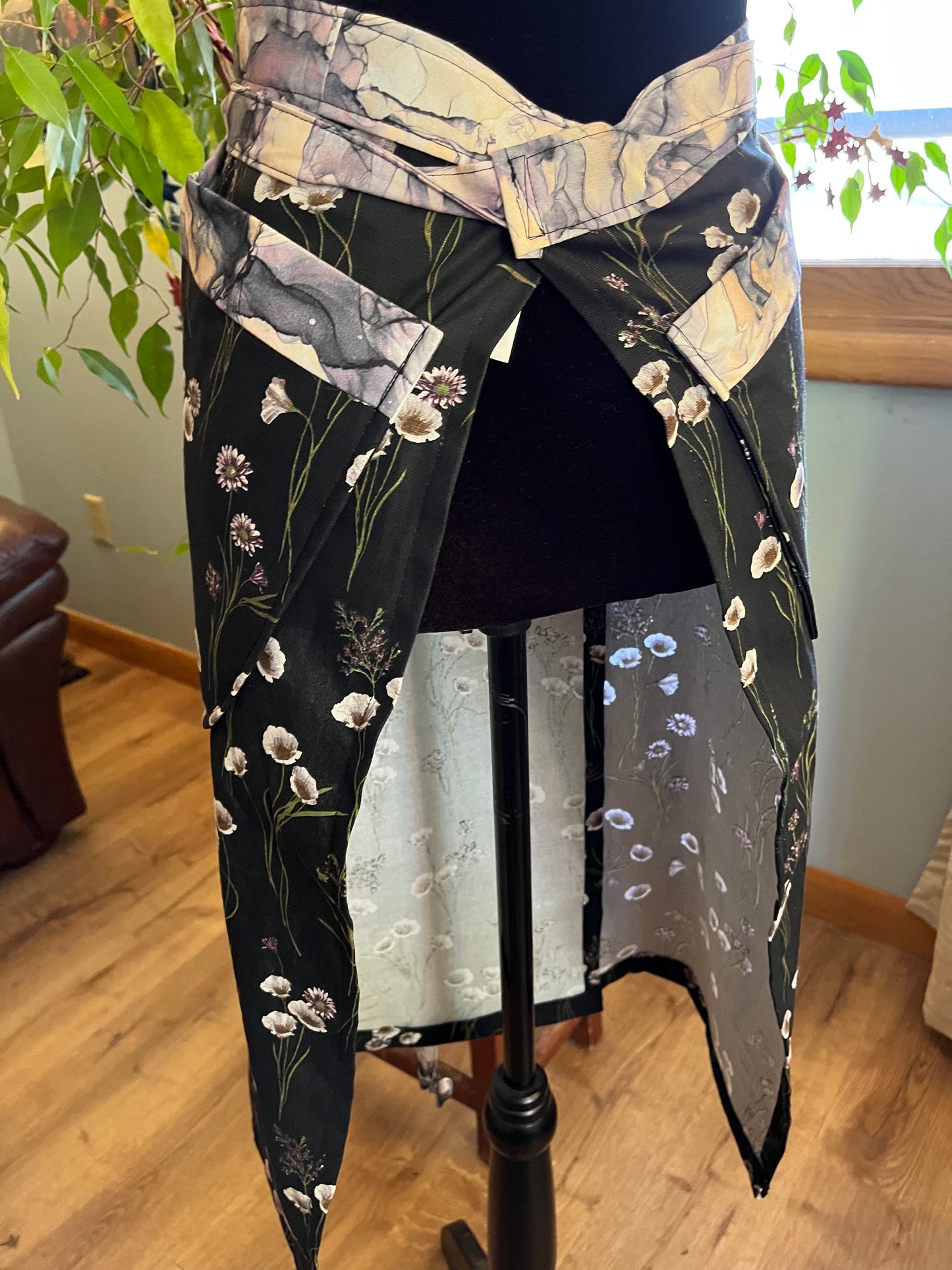Split Leg Pottery Half Apron - White and lavender flowers on black with watercolor trim