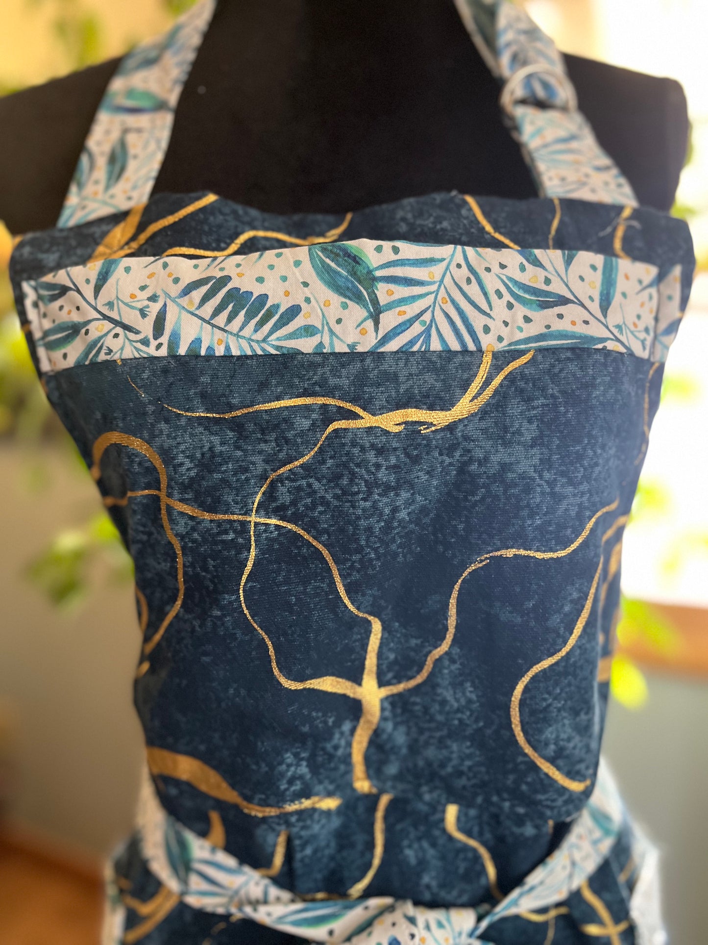 Petite Split leg Pottery Apron - Metallic gold swirls on navy, fern trim