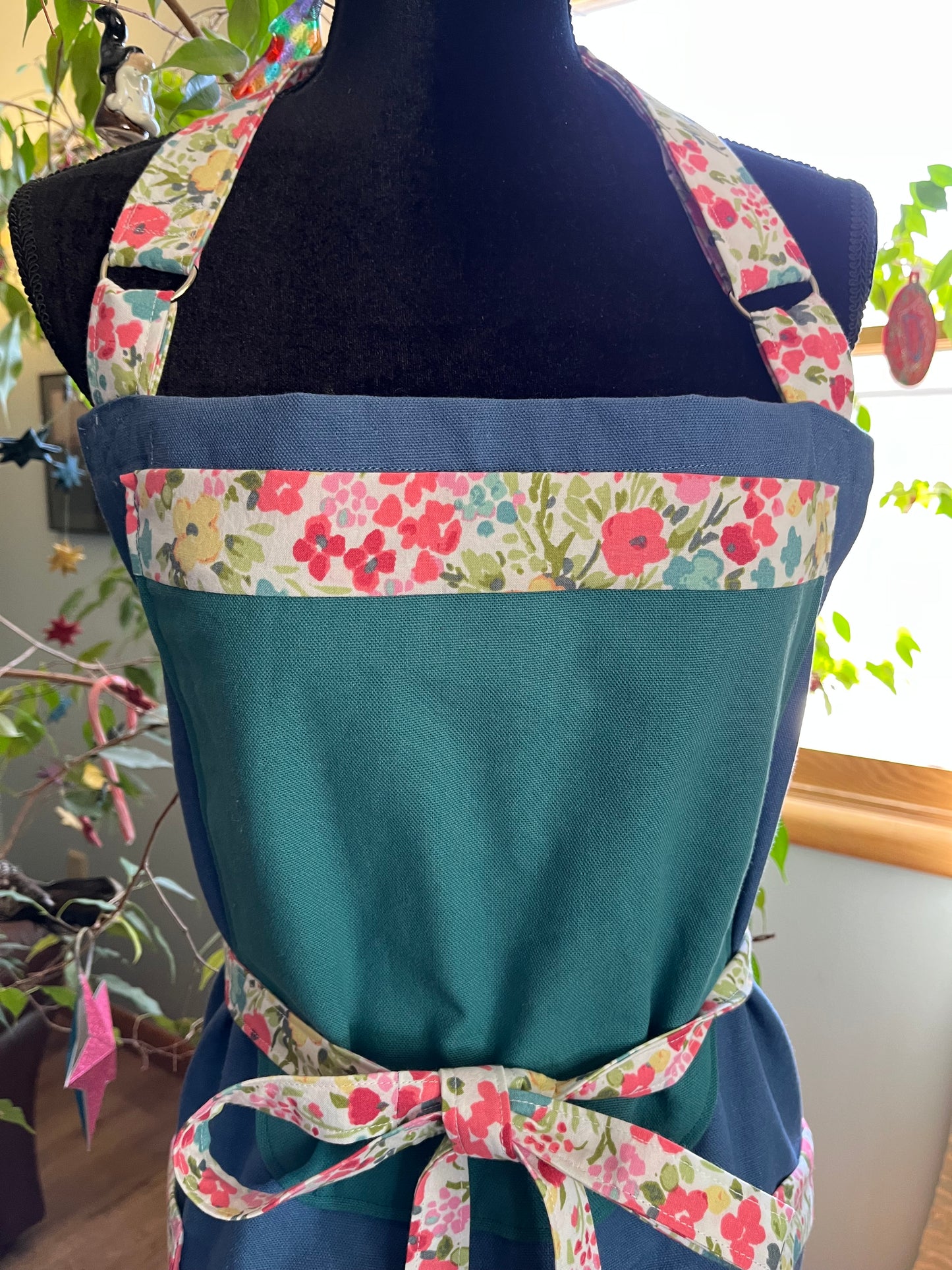 Plus-sized Color Block, blue w/green bib, floral trim