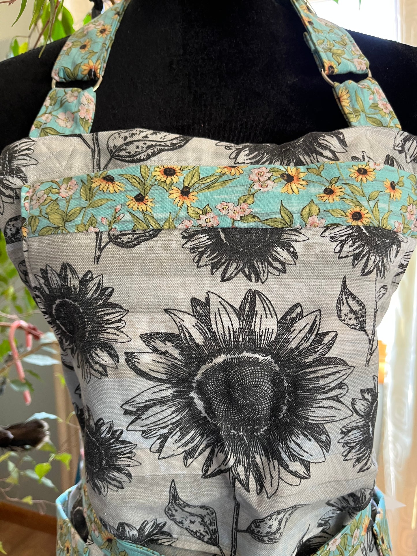 Petite Split-leg Pottery Apron - Grayscale Sunflowers with aqua and yellow sunflower trim