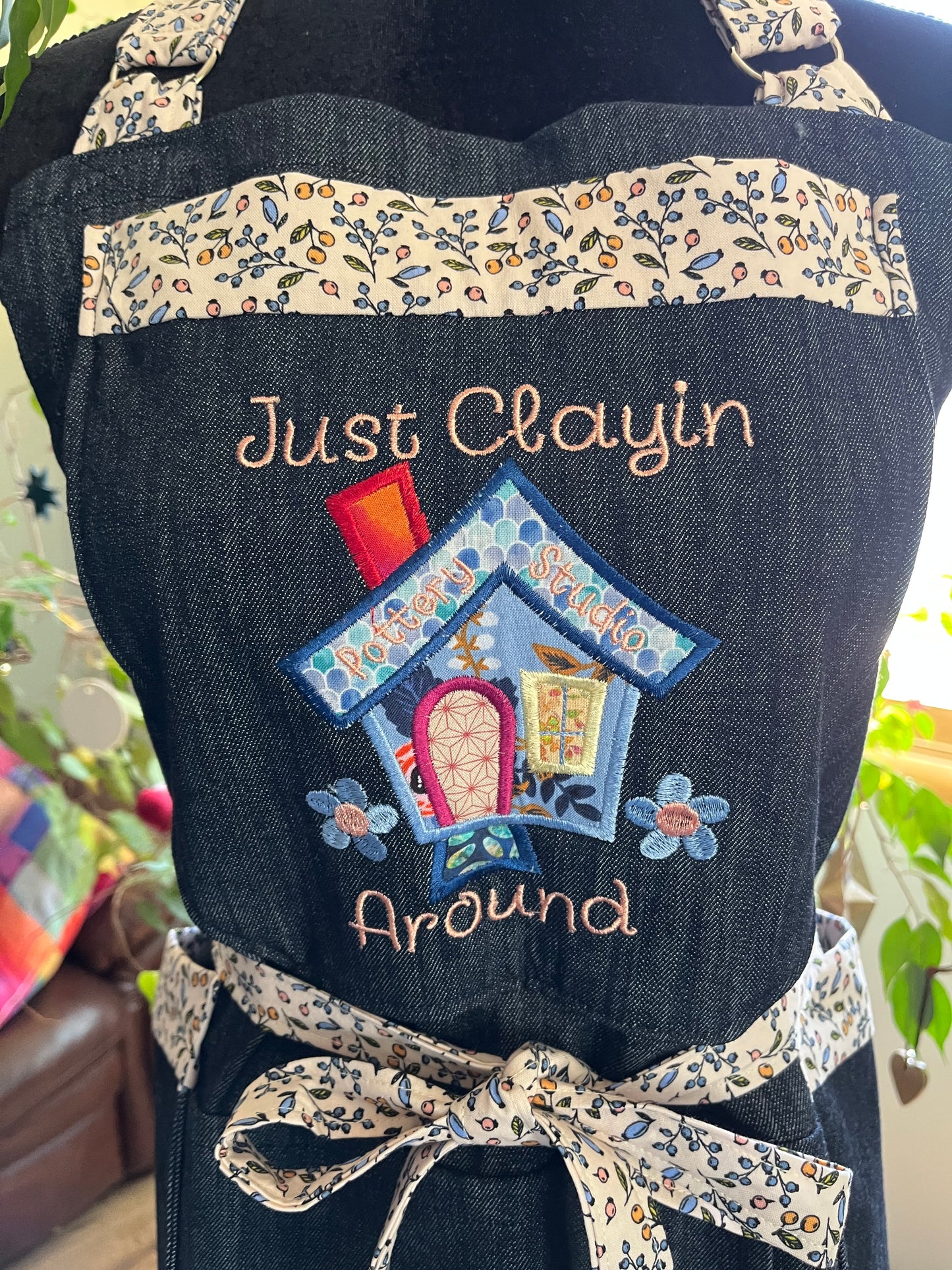 Petite Split-leg Pottery Apron - Indigo Denim with Clayin' Around embroidery, floral trim
