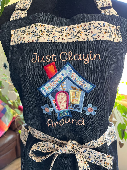 Petite Split-leg Pottery Apron - Indigo Denim with Clayin' Around embroidery, floral trim