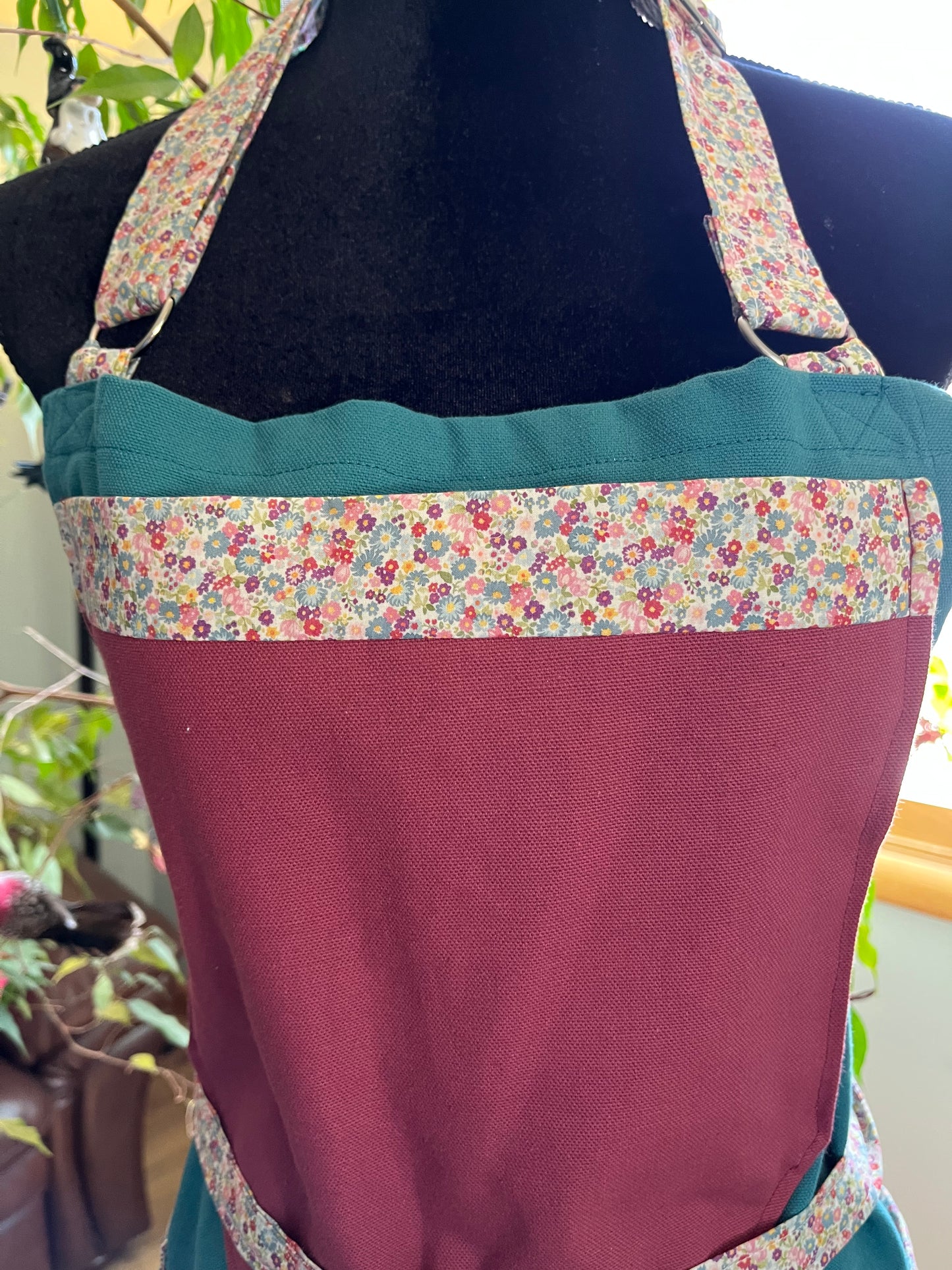 Split-leg Pottery Apron - Color block Canvas -green and wild plum bib with ditsy floral trim