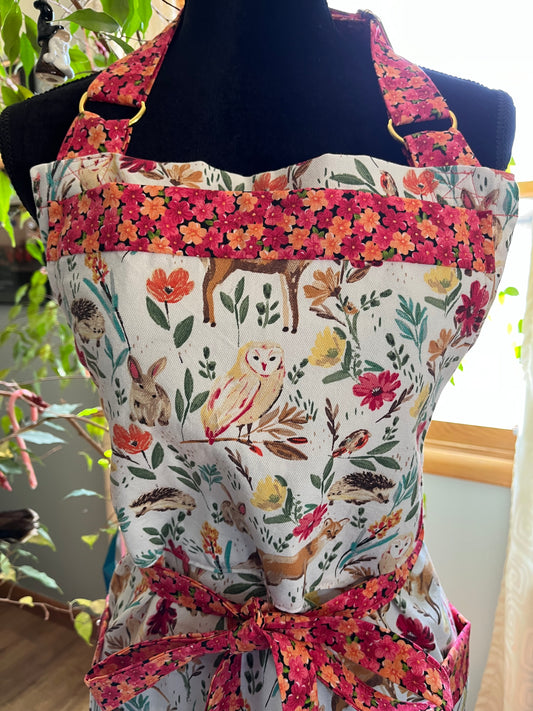 Split-leg Pottery Apron - Forest Animal print with orange floral trim