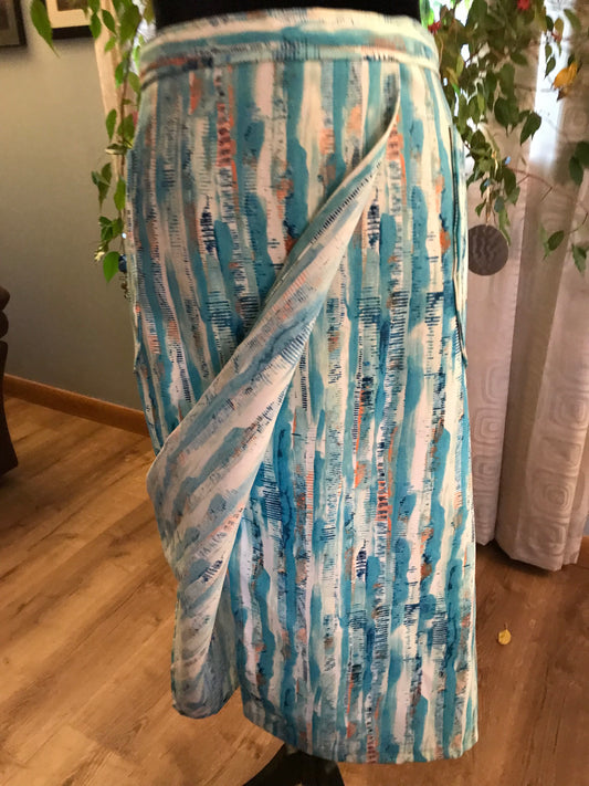 Pottery Half Apron - Painterly Aqua Stripes with Orange Highlights - dark teal with gold sparkles ties