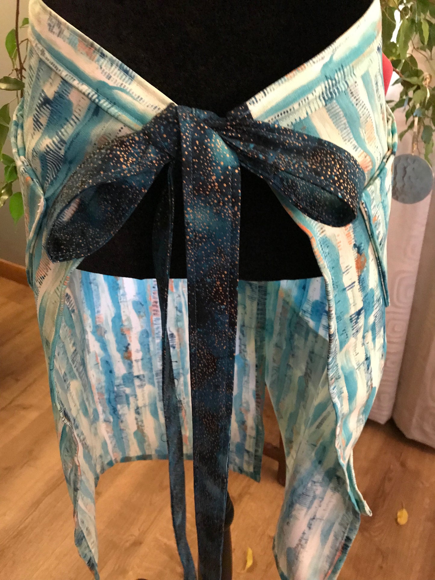 Pottery Half Apron - Painterly Aqua Stripes with Orange Highlights - dark teal with gold sparkles ties
