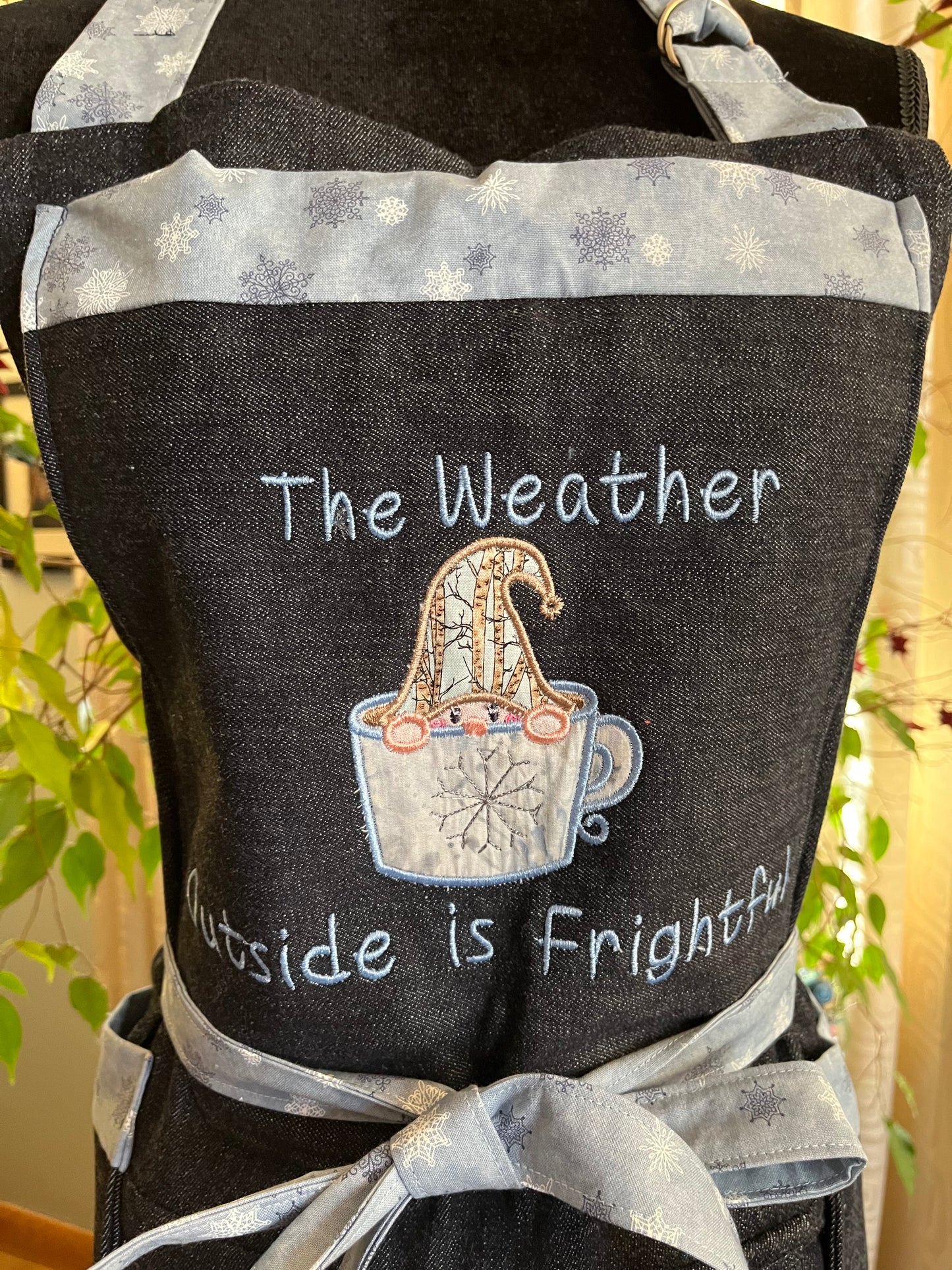 Petite Split-leg Pottery Apron - Indigo denim blend - gnome in mug embroidery, blue snowflakes