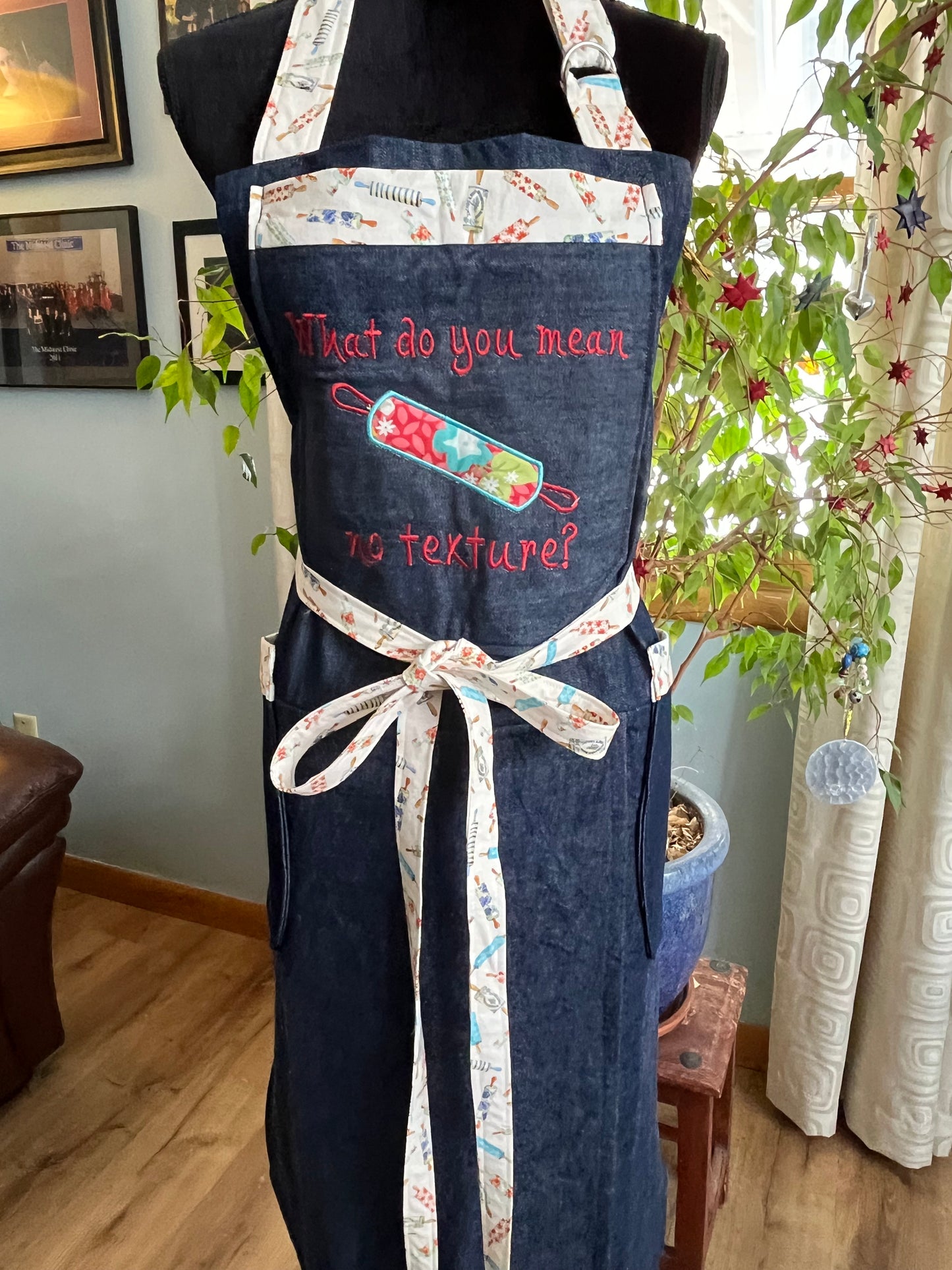 Petite Split-leg Pottery Apron - Indigo cotton/spandex denim with What - no texture, peach, lime, teal floral pin