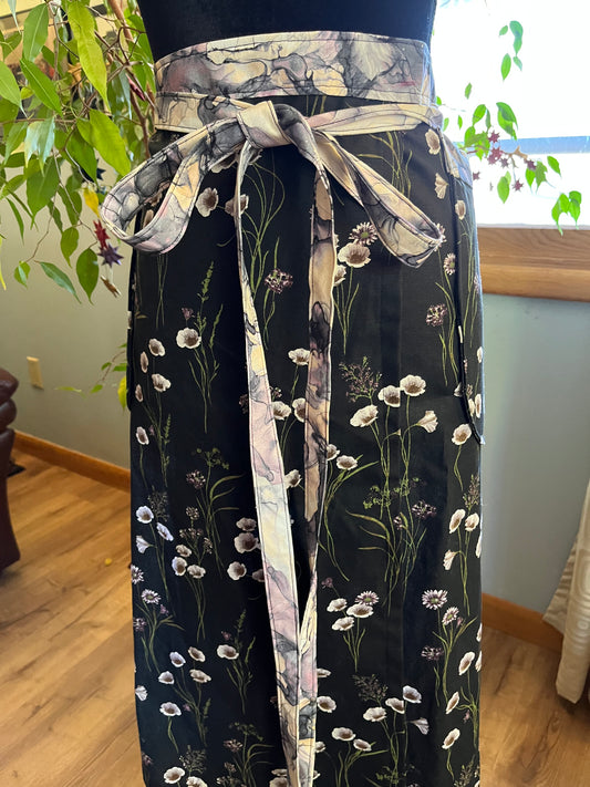 Split Leg Pottery Half Apron - White and lavender flowers on black with watercolor trim