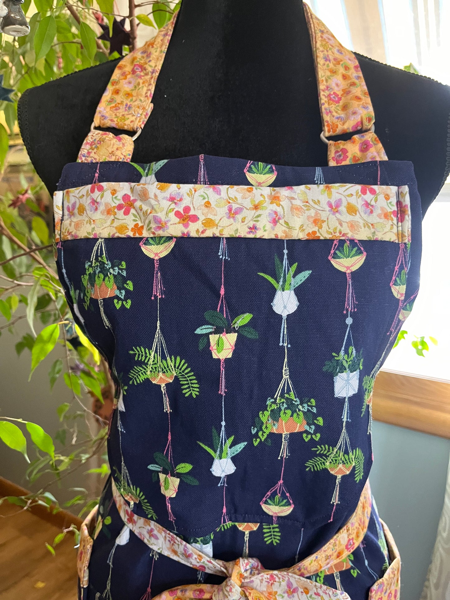 Petite Split leg Pottery Apron - Hanging Plants on Navy, yellow floral trim