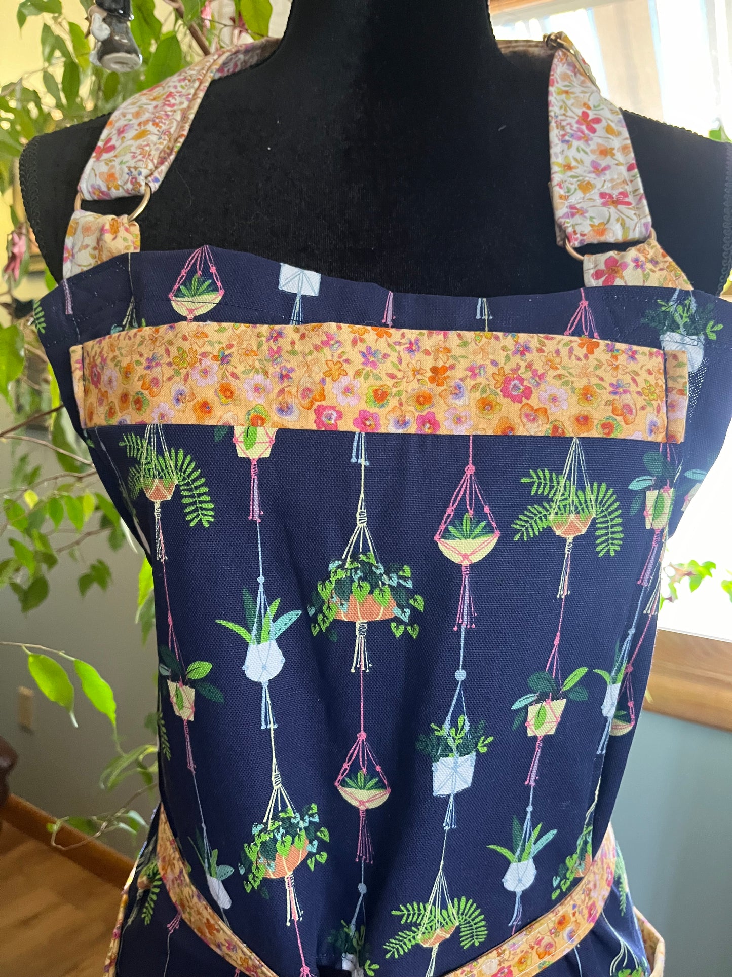 Split leg pottery apron - Hanging Plants on navy, yellow floral trim