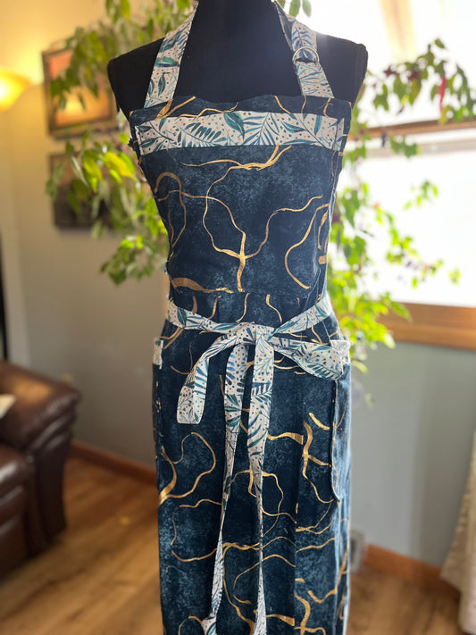 Petite Split leg Pottery Apron - Metallic gold swirls on navy, fern trim