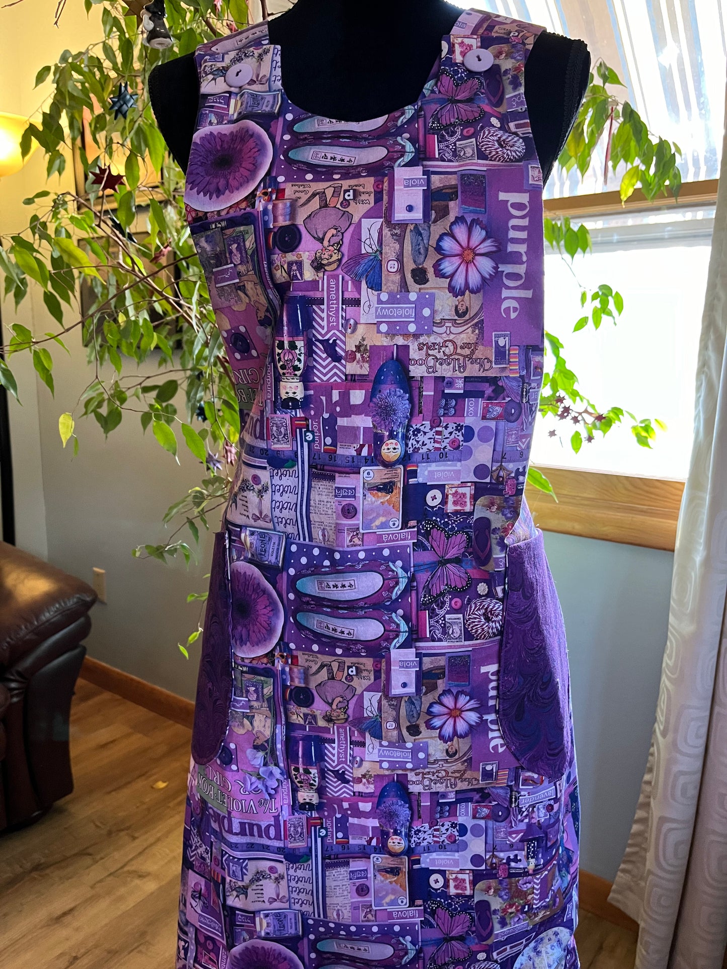 Petite Reversible Pinafore style Handbuilder's Apron - Purple collage with purple swirl on reverse