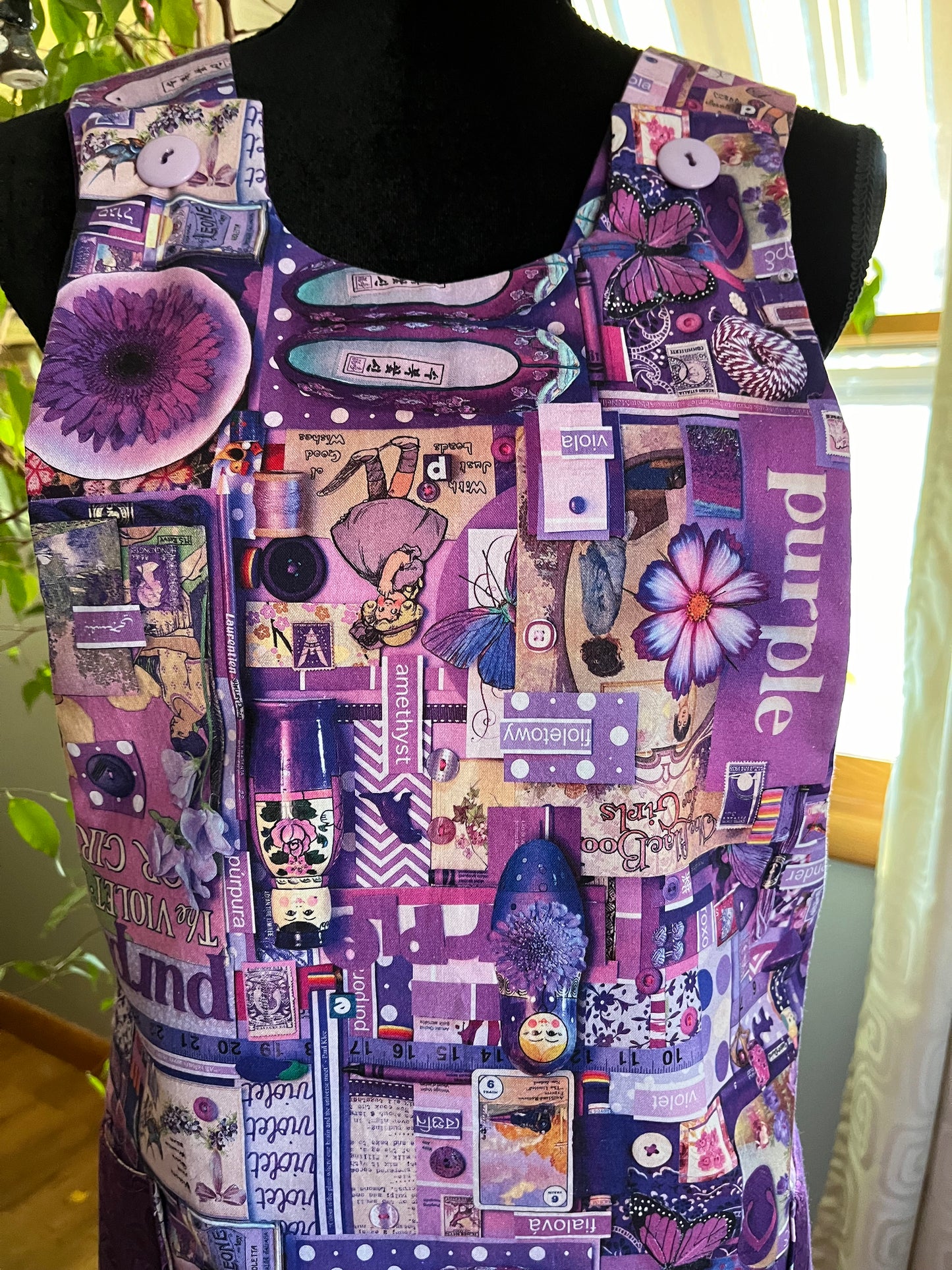 Petite Reversible Pinafore style Handbuilder's Apron - Purple collage with purple swirl on reverse