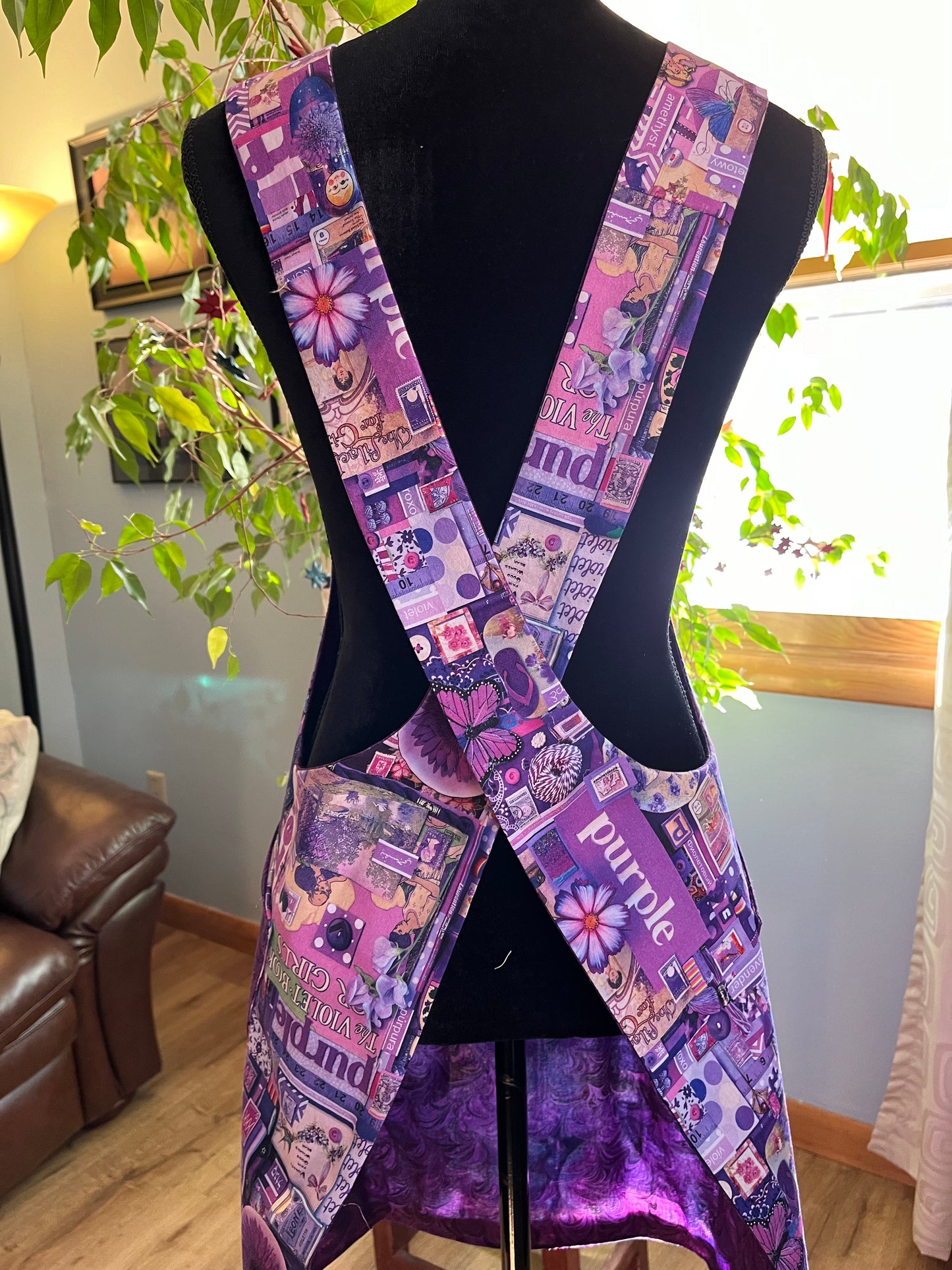 Petite Reversible Pinafore style Handbuilder's Apron - Purple collage with purple swirl on reverse