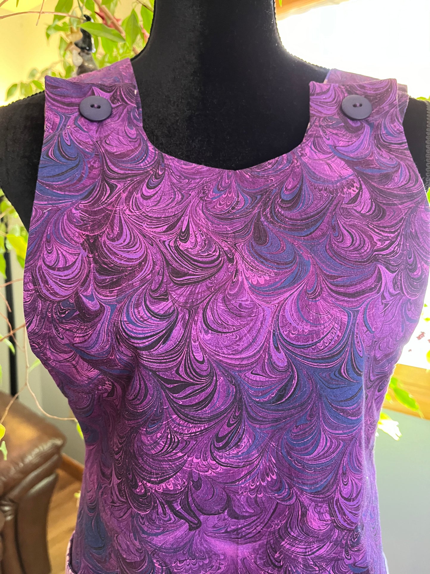 Petite Reversible Pinafore style Handbuilder's Apron - Purple collage with purple swirl on reverse