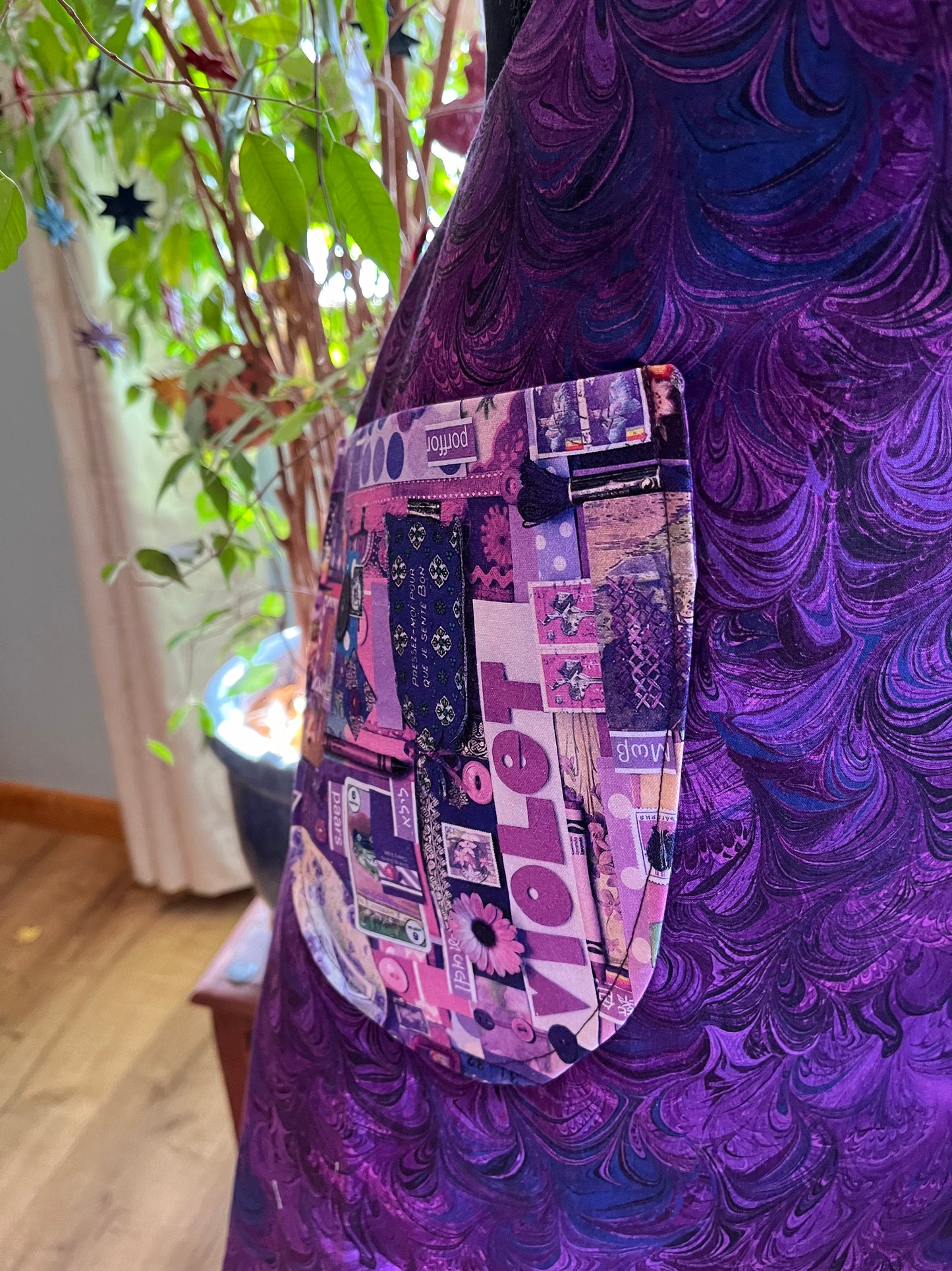 Petite Reversible Pinafore style Handbuilder's Apron - Purple collage with purple swirl on reverse