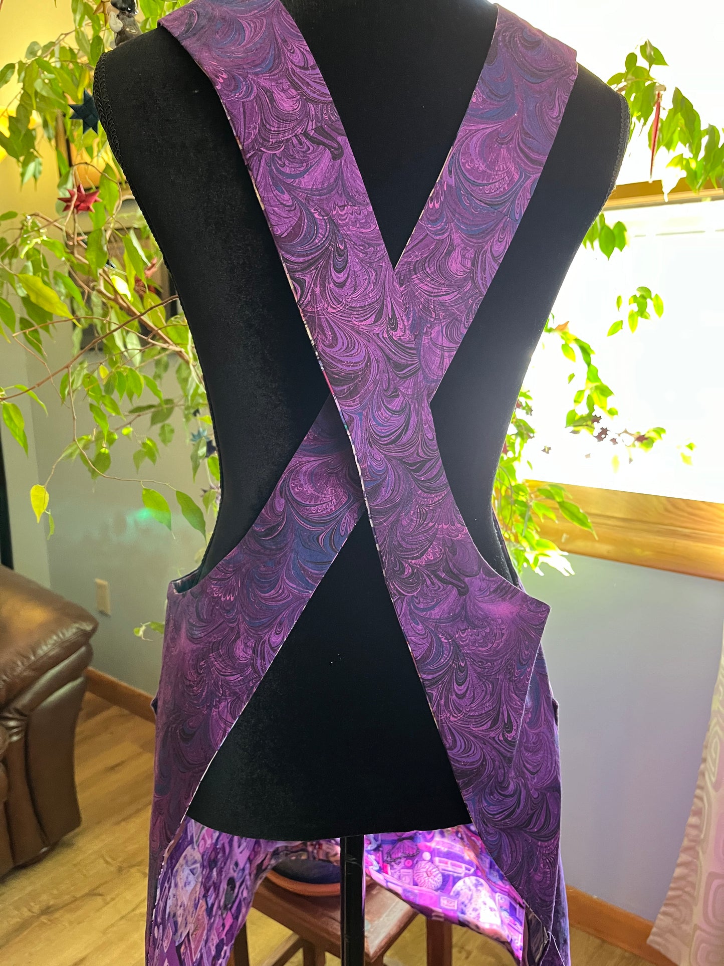 Petite Reversible Pinafore style Handbuilder's Apron - Purple collage with purple swirl on reverse