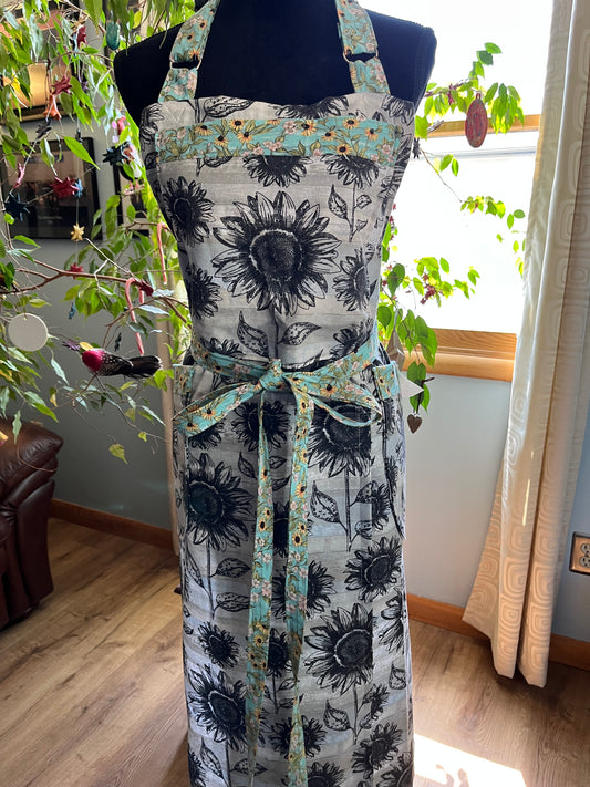 Petite Split-leg Pottery Apron - Grayscale Sunflowers with aqua and yellow sunflower trim