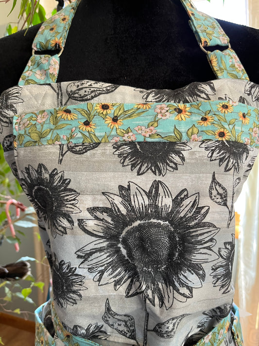 Petite Split-leg Pottery Apron - Grayscale Sunflowers with aqua and yellow sunflower trim