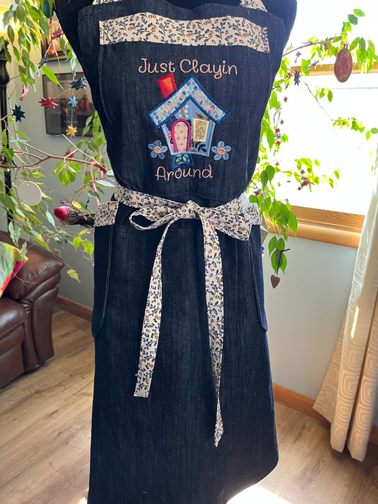 Petite Split-leg Pottery Apron - Indigo Denim with Clayin' Around embroidery, floral trim