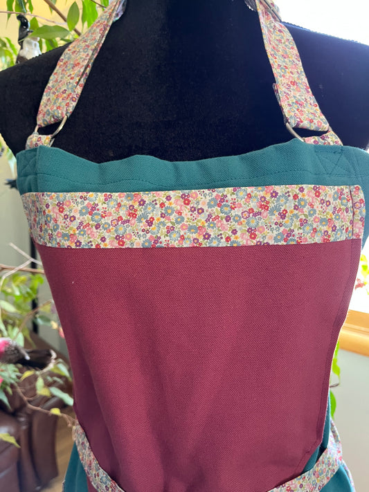 Split-leg Pottery Apron - Color block Canvas -green and wild plum bib with ditsy floral trim