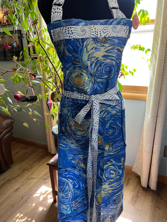 Split-leg Pottery Apron - "Starry Night" with blue/multi  dot trim
