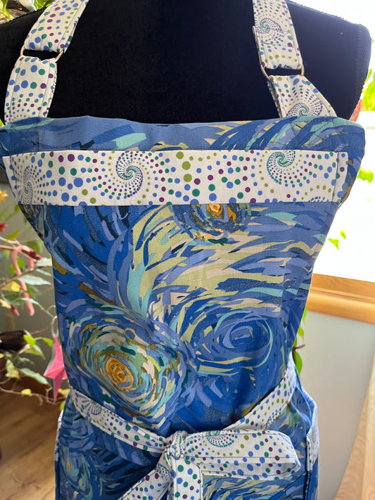 Split-leg Pottery Apron - "Starry Night" with blue/multi  dot trim