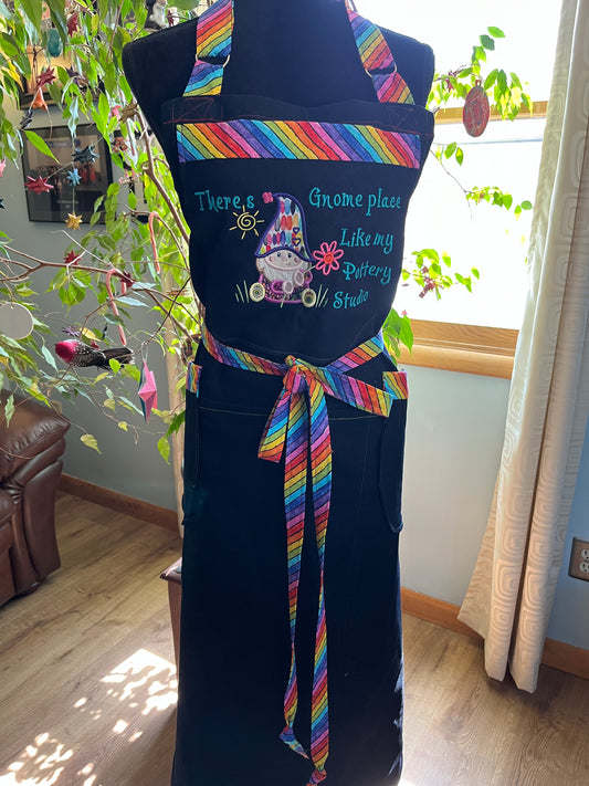 Split-leg Pottery Apron - Cotton/spandex indigo denim with No Gnome Place embroidery and rainbow trim