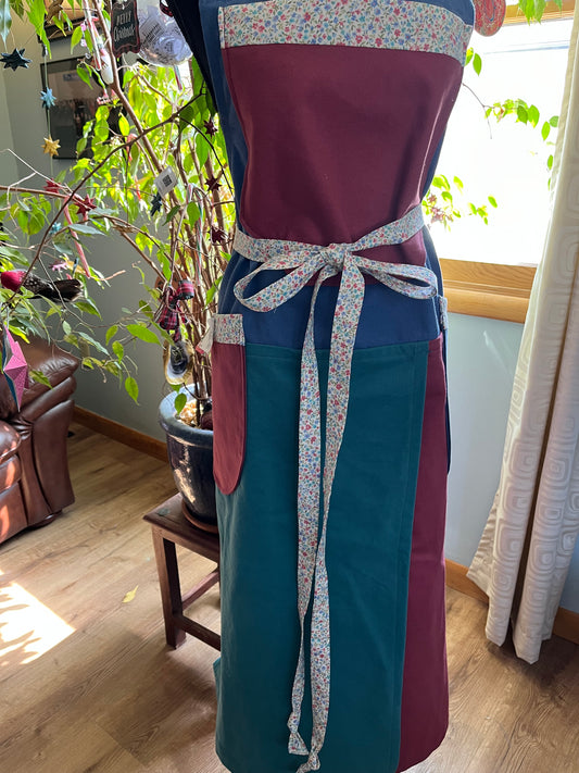 Split-leg Pottery Apron - Color Block with blue & wild plum Bib, Ditsy floral trim