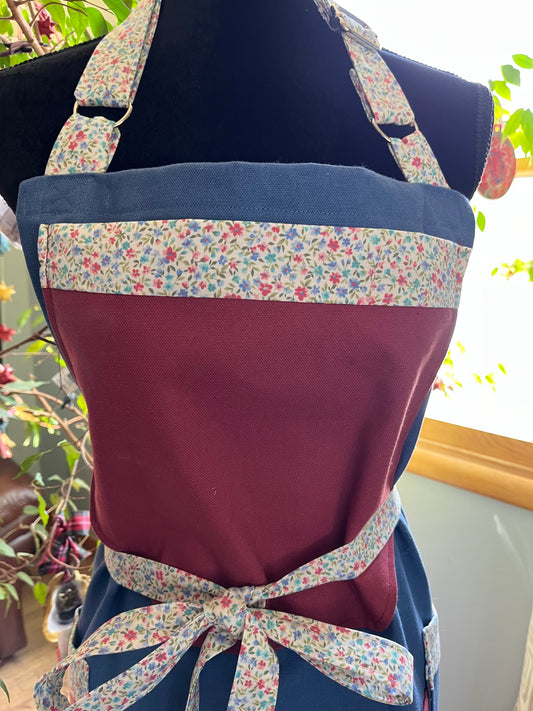Split-leg Pottery Apron - Color Block with blue & wild plum Bib, Ditsy floral trim