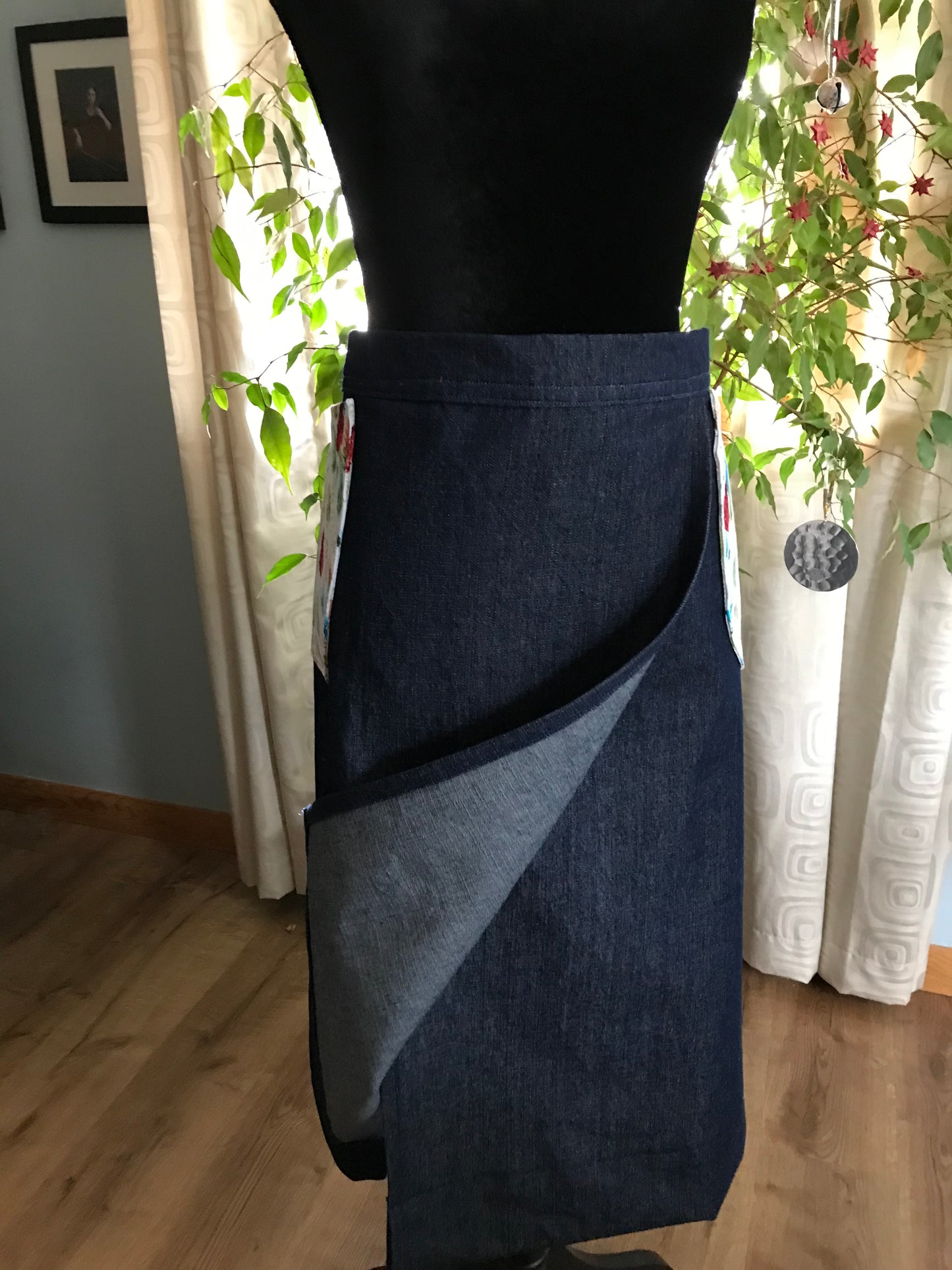 Pottery Half-apron - Indigo Cotton Denim with colorful feathers trim