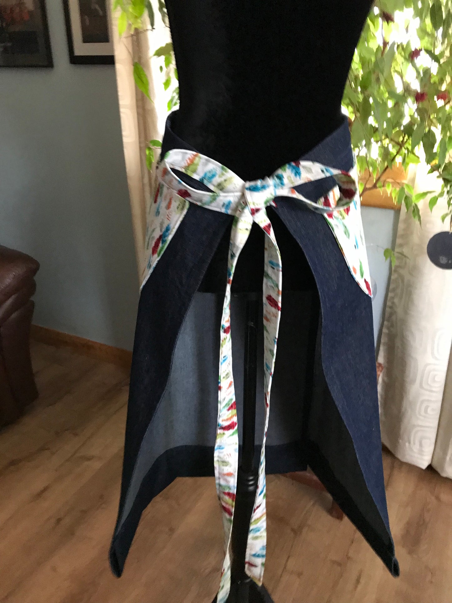 Pottery Half-apron - Indigo Cotton Denim with colorful feathers trim