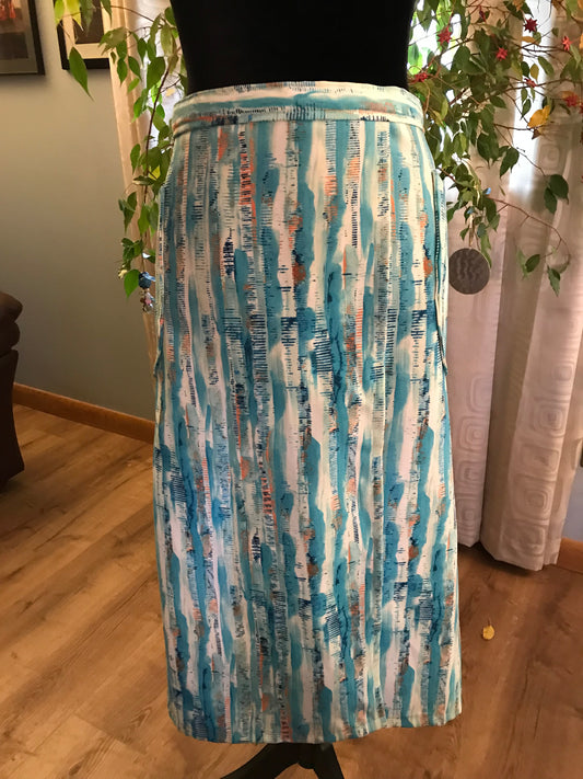 Pottery Half Apron - Painterly Aqua Stripes with Orange Highlights - dark teal with gold sparkles ties