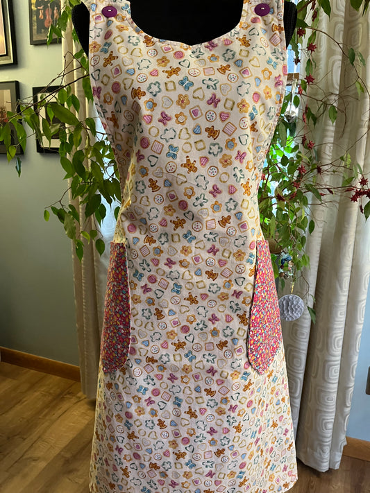Reversible Pinafore-style Handbuilder's Apron - Sweet Cookies and Cutters with floral reverse side