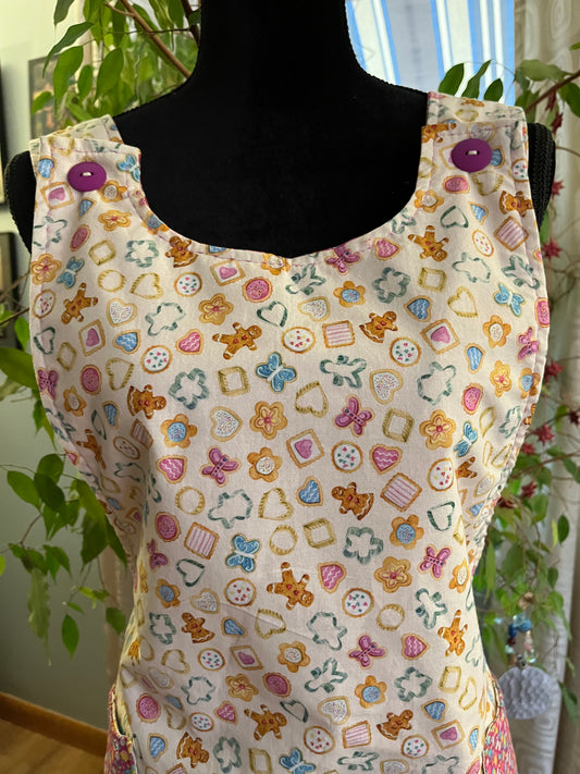 Reversible Pinafore-style Handbuilder's Apron - Sweet Cookies and Cutters with floral reverse side