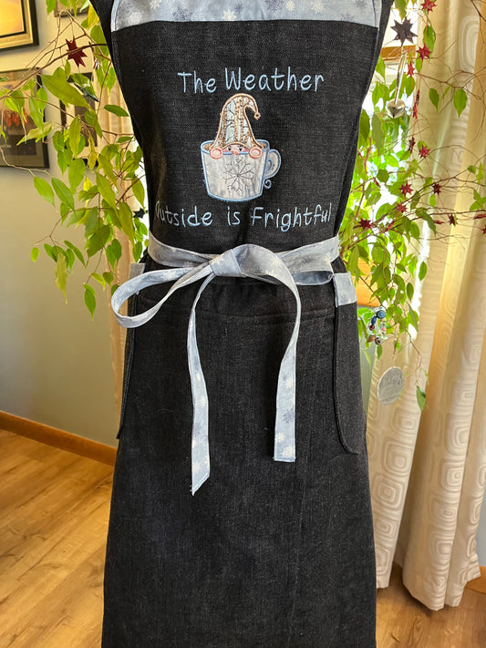 Petite Split-leg Pottery Apron - Indigo denim blend - gnome in mug embroidery, blue snowflakes